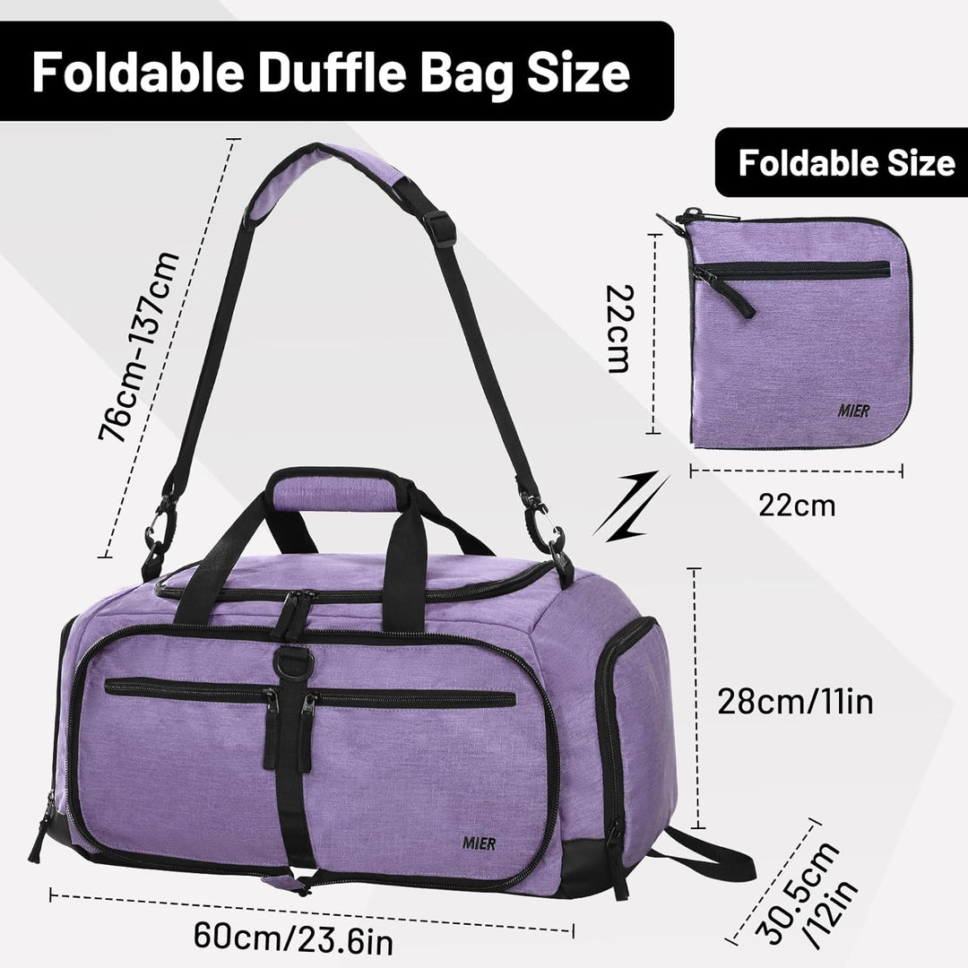 MIER Sporttasche 50L faltbar, Reisetasche mit Schuhfach, Weekender, Lila | Separates belüftetes Schu