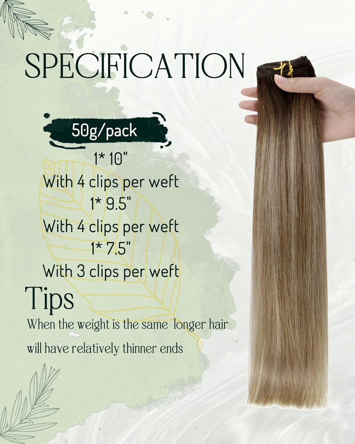 RUNATURE Echthaar Extensions Clip Balayage Braun Blond 25cm 3Pcs Clip in Extensions Echthaar Balayag