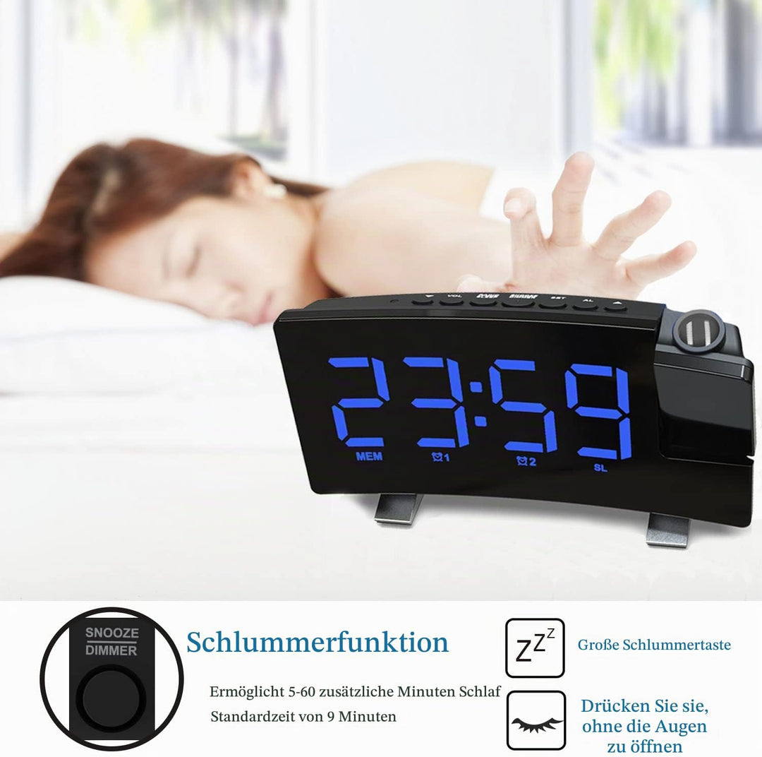 VORRINC Projektionswecker, Digital Wecker Radiowecker mit Projektion 180 °, USB-Anschluss Doppelalar