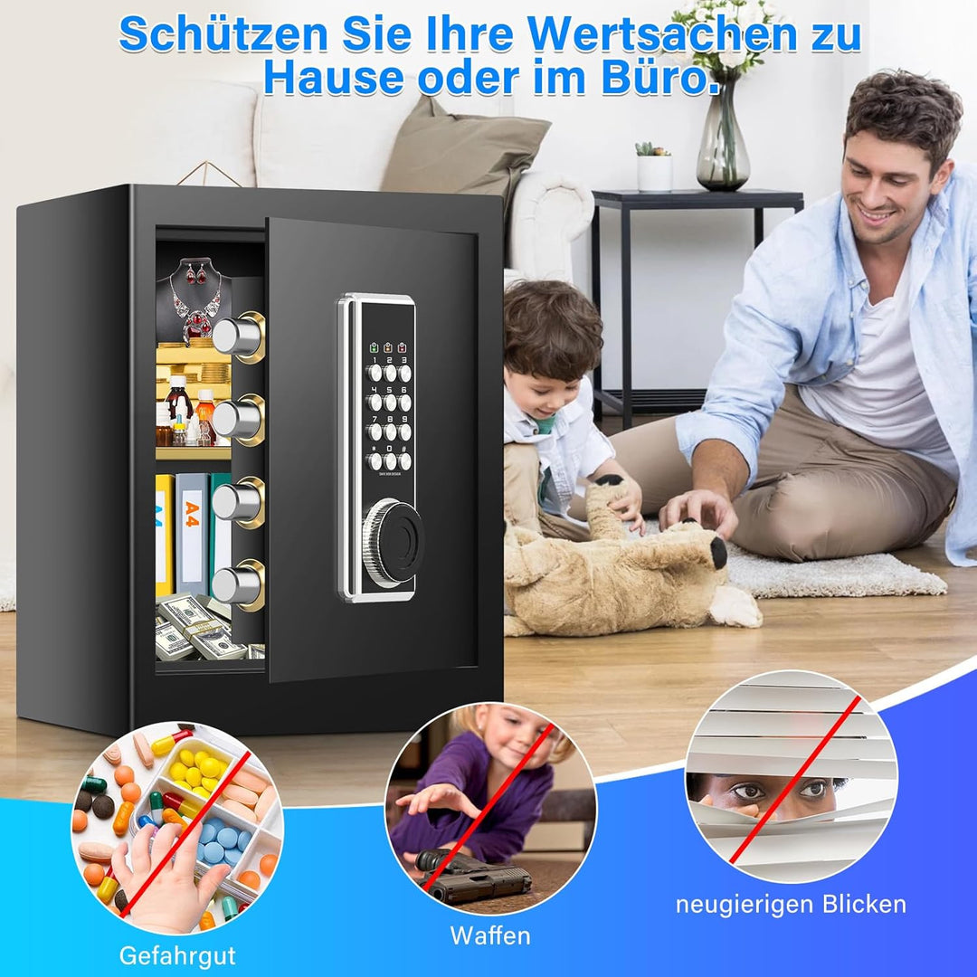 45L Grosser Feuerfester Tresor Safe mit Feuersichere Dokumententasche, Digitaler Möbeltresore mit 2