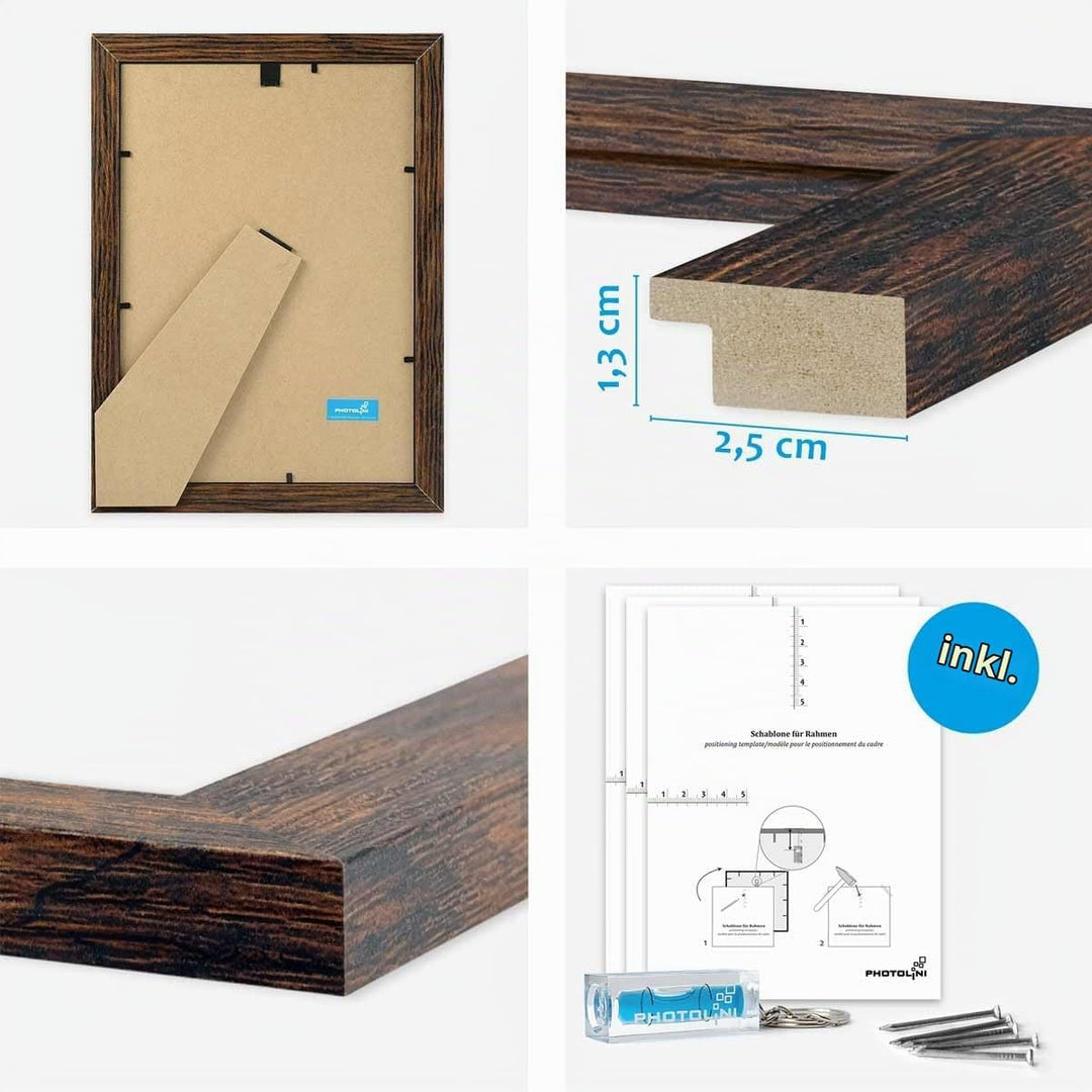 PHOTOLINI dunkle Eiche Bilderrahmen Set Holz MDF, Fotorahmen Set, 15er Bilderrahmenset Wand Collage,