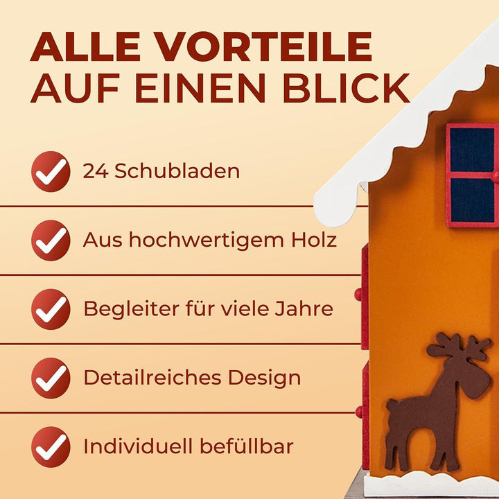 Spielwerk Wiederverwendbarer Adventskalender Winterhäuschen zum Befüllen 24 Türchen Bunt Bemalt Weih