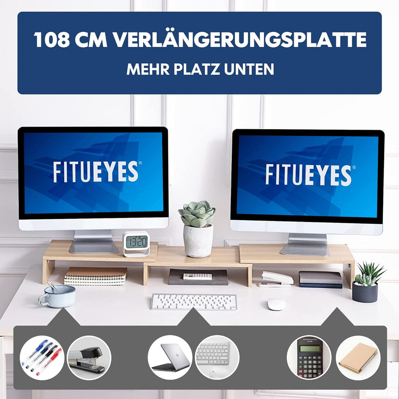 FITUEYES Dual Monitorständer aus Holz, Verstellbare Länge und Schwenkwinkel Bildschirmständer, Monit