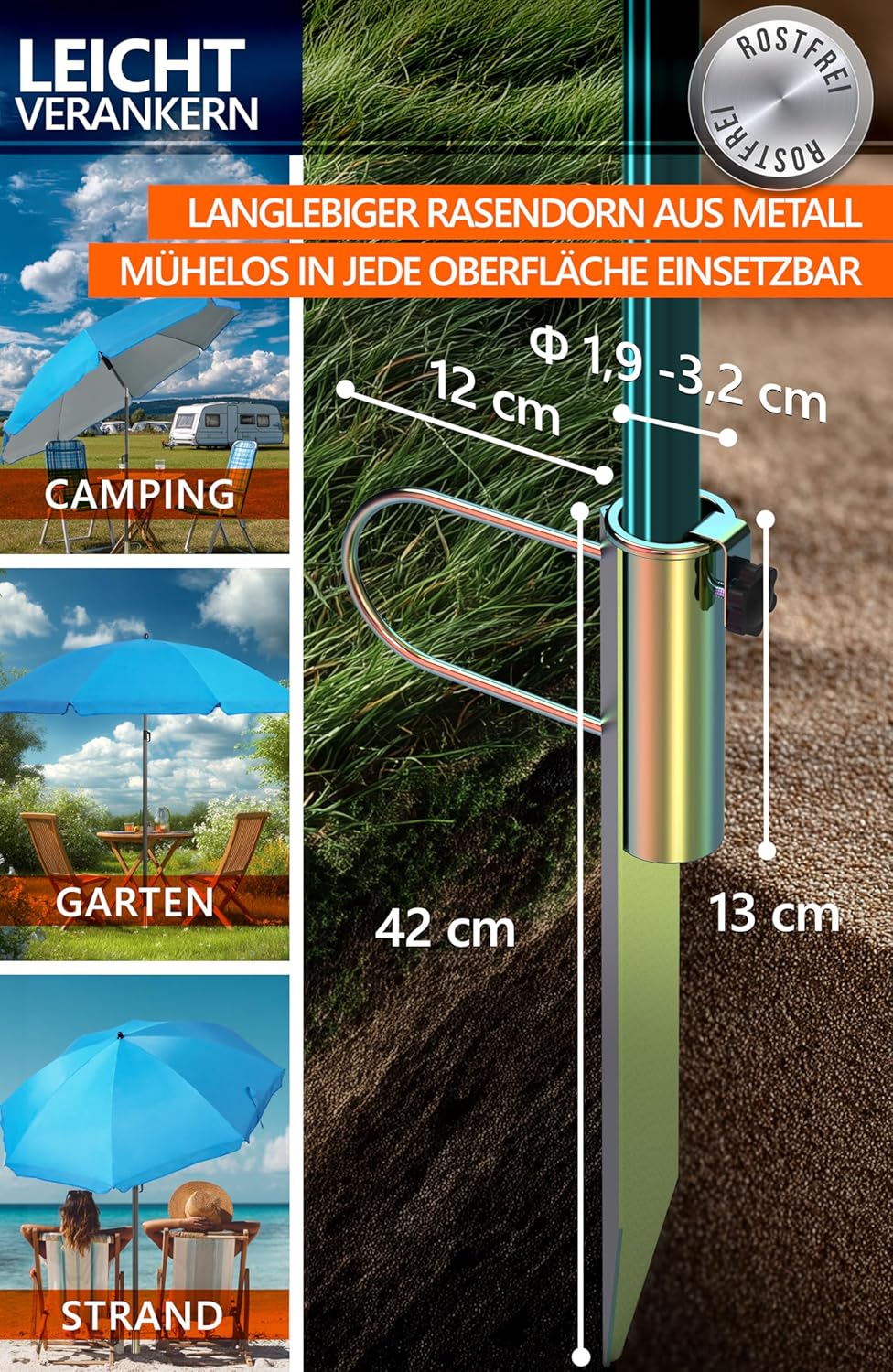 4smile Sonnenschirm Strand SunnyJoy, Blau – 3er Set inkl. Strandschirm windfest stabil, Rasendorn So