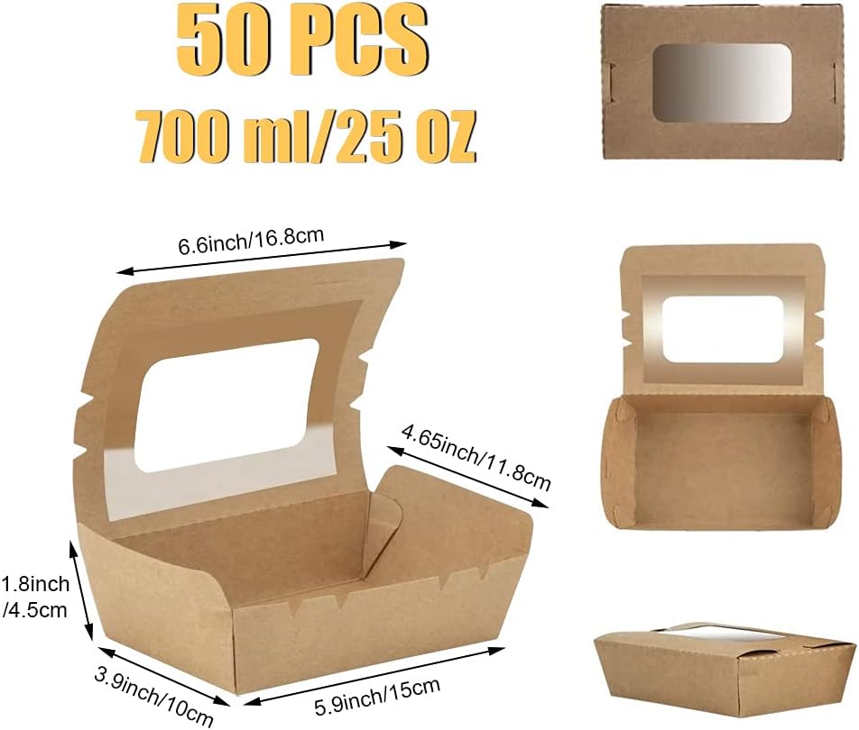 50 Stücke Kraftpapier Lunchbox 700ml/24oz, Kraftkarton Snackboxen, Take Away Box, mit Fenster, Öl un