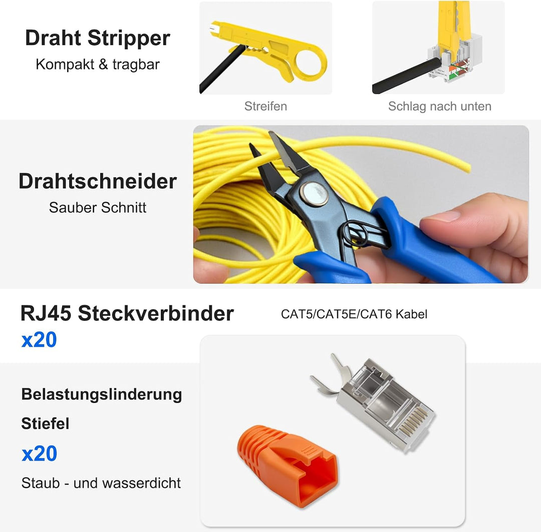 Netzwerk Werkzeug Set, Pass Through RJ45 Crimpzange für Cat5/Cat6/Cat7 mit 20x RJ45 Stecker, Netzwer