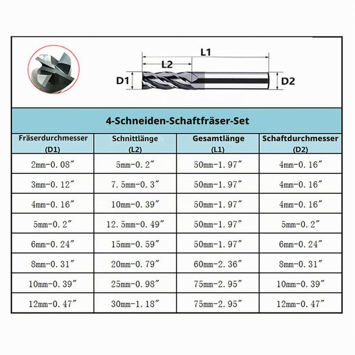 ASZLBYM 8 Stück 2–12 mm CNC-Vierkant-Schaftfräser, Hartmetall-Wolframstahl, 4-fach-Fräser, Fräser, D