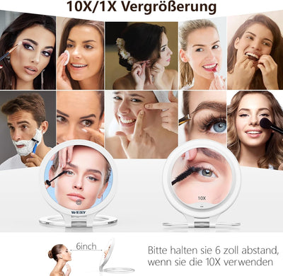WEILY Schminkspiegel mit Beleuchtung, 10X/1X Vergrösserung Doppelseitiger Kosmetikspiegel mit 3 Farb