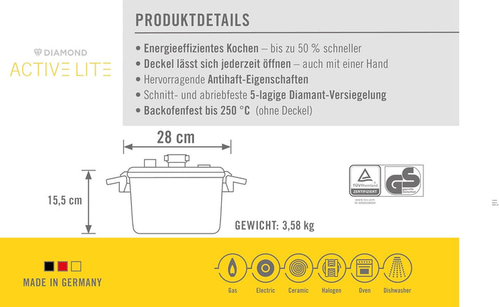 Woll Active Lite Kasserolle mit Active-Lite-Deckel und Silikoneinsatz, Ø 28 cm, 15,5 cm hoch, 7.5 Li