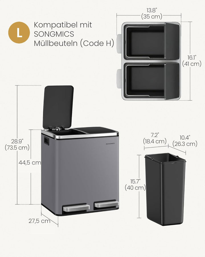 SONGMICS Mülleimer Küche, 2 x 15 Liter, Mülltrennsystem 2 Fächer, inklusive 15 Müllbeutel, Abfalleim