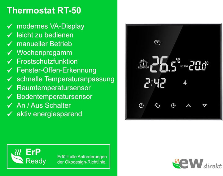 Elektrische Fussbodenheizung SunPro für Fliesen 160 W/m² - Komplett-Set mit Thermostat RT-50 touch/s