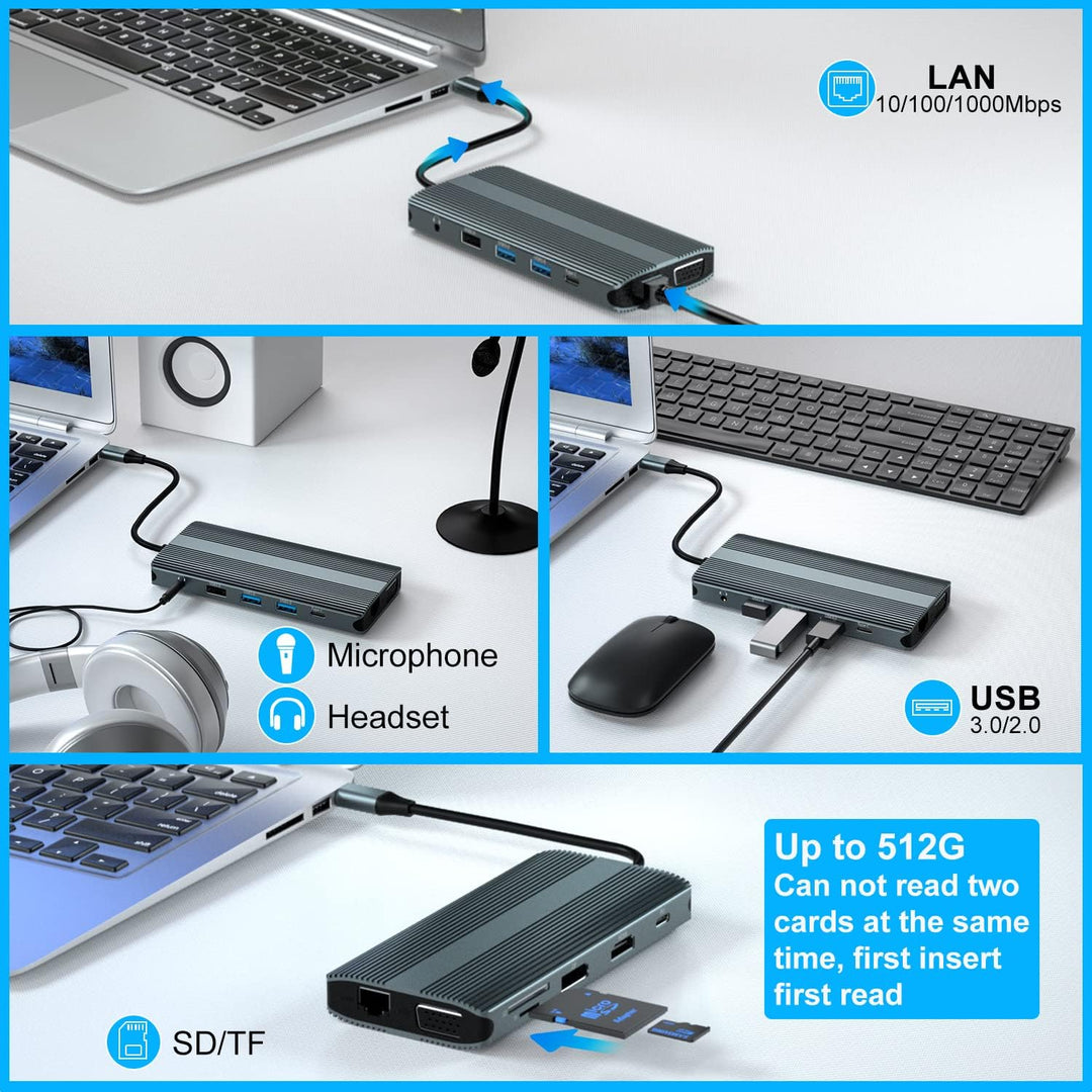 USB C Docking Station,12 in 1 Triple Display Type C Laptop Hub to 4K DP HDMI,1080P VGA, 100W PD,2 US