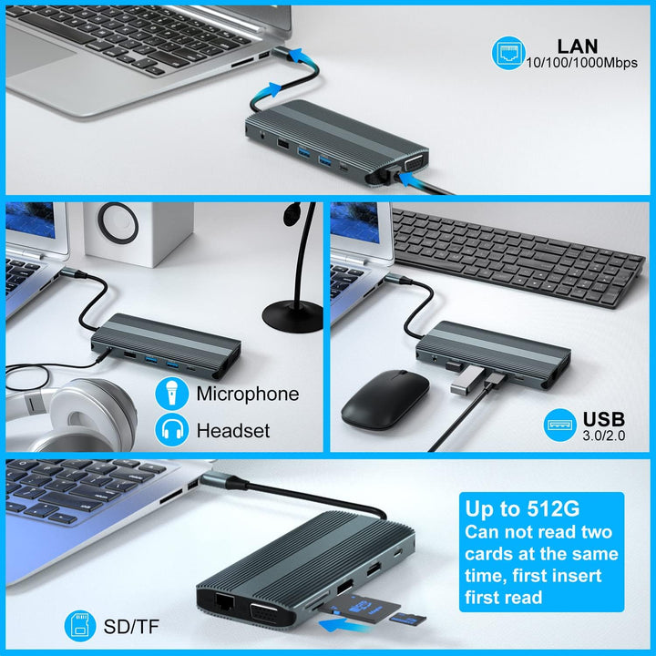 USB C Docking Station,12 in 1 Triple Display Type C Laptop Hub to 4K DP HDMI,1080P VGA, 100W PD,2 US
