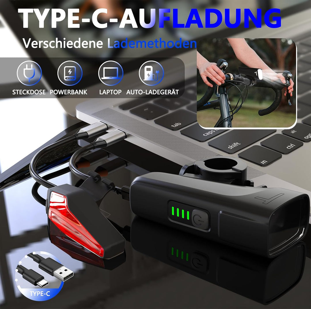 Fahrradlicht Set,StVZO Zertifizierte Fahrradbeleuchtung,USB Typ C Aufladung Fahrrad Lichter Led Set,