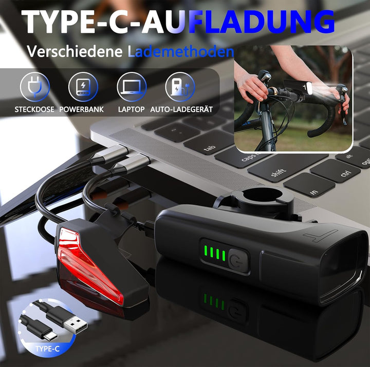 Fahrradlicht Set,StVZO Zertifizierte Fahrradbeleuchtung,USB Typ C Aufladung Fahrrad Lichter Led Set,