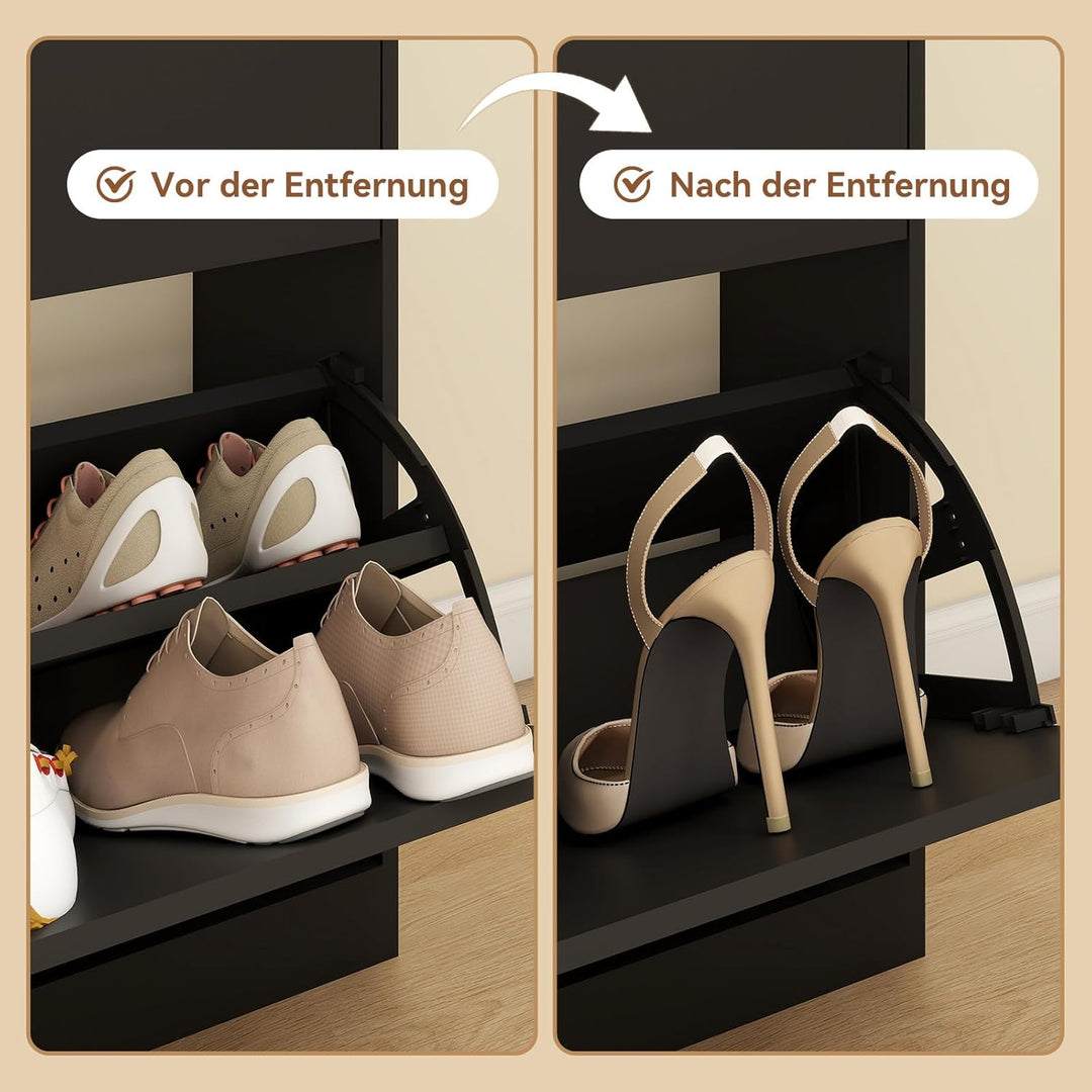 YOURLITE Schuhschrank Schmal, Schuhkipper mit 2 Klappen und 2 Schubladen, Schwarz Schuhregal, Trennw