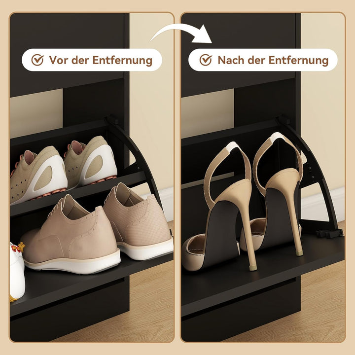 YOURLITE Schuhschrank Schmal, Schuhkipper mit 2 Klappen und 2 Schubladen, Schwarz Schuhregal, Trennw