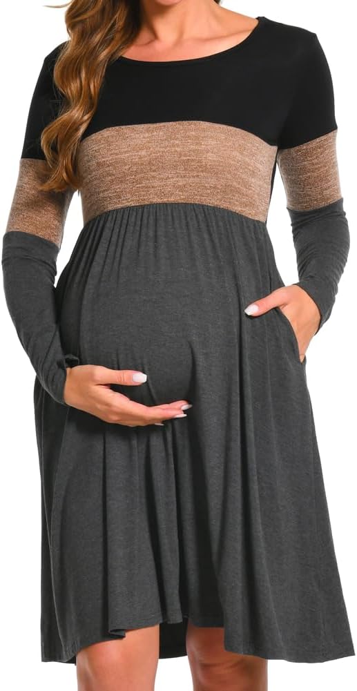 Bearsland Women’s Long Sleeve Maternity Dresses Patchwork Pregnancy Dress with Pocket S Brown, S Bro