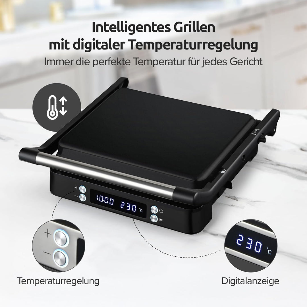 Olvy Sandwichmaker XXL, Digitaler Kontaktgrill mit Antihaftplatten, 3-in-1 Panini Maker, 180° offene