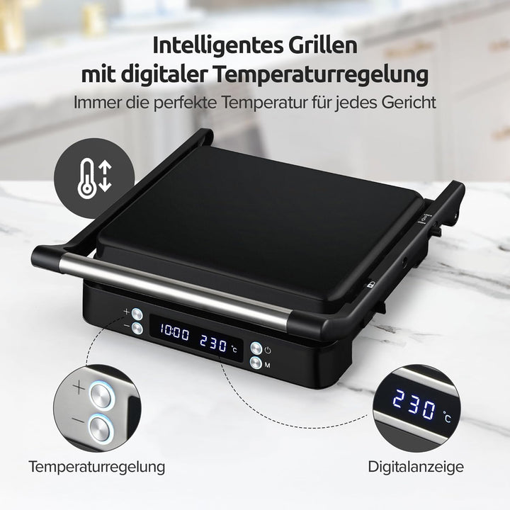Olvy Sandwichmaker XXL, Digitaler Kontaktgrill mit Antihaftplatten, 3-in-1 Panini Maker, 180° offene