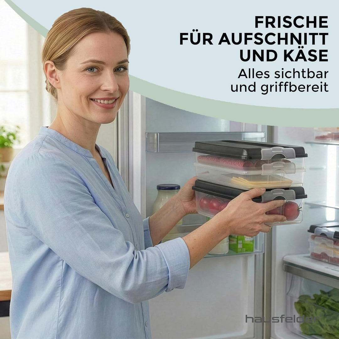 Hausfelder Aufschnittbox Organizer Set - stapelbar mit Deckel – Kühlschrank Wurstbox Aufschnittdosen
