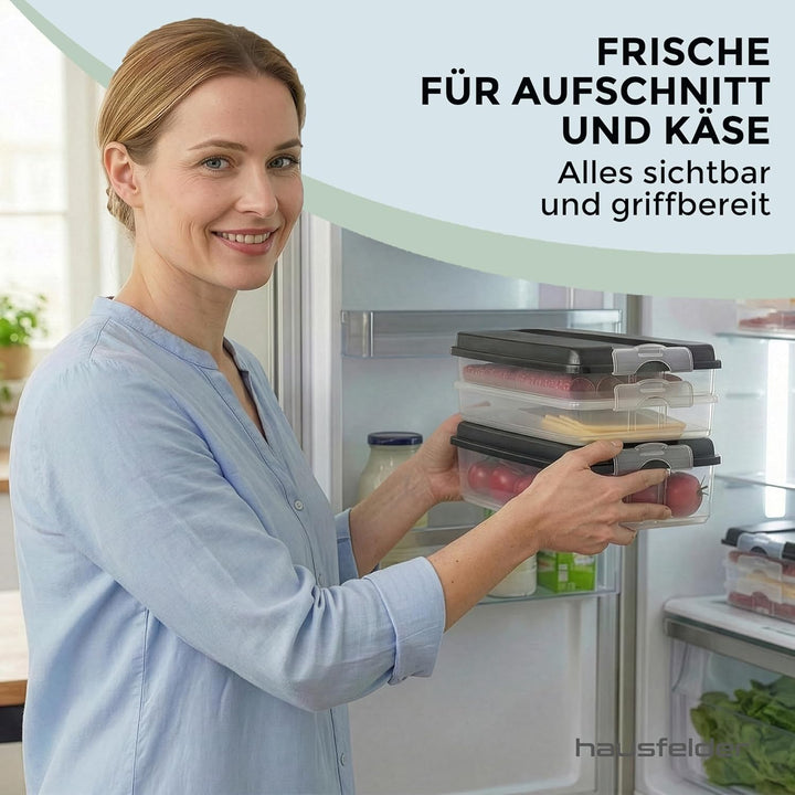 Hausfelder Aufschnittbox Organizer Set - stapelbar mit Deckel – Kühlschrank Wurstbox Aufschnittdosen