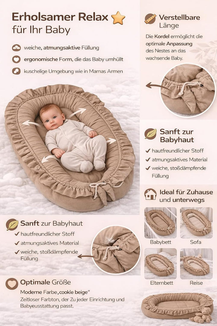 PIMKO Babynest mit rüschen Babynestchen für Baby Kuschelnest Babykokon für Säuglinge und Neugeborene