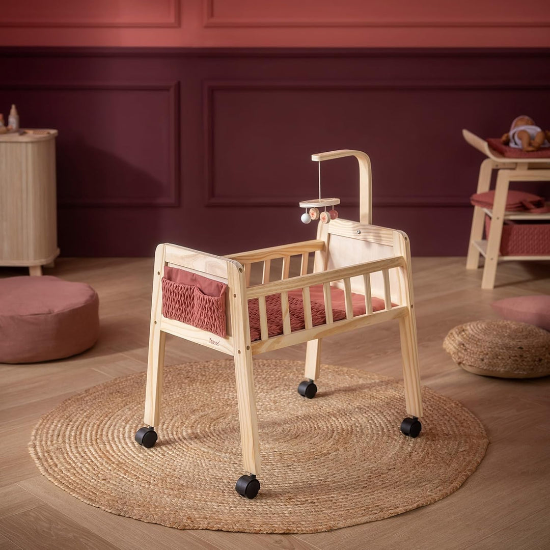howa Puppenbett Holz Grace mit Rollen, Mobile, Matratze, Decke & Stofftasche, Puppenmöbel für Puppen