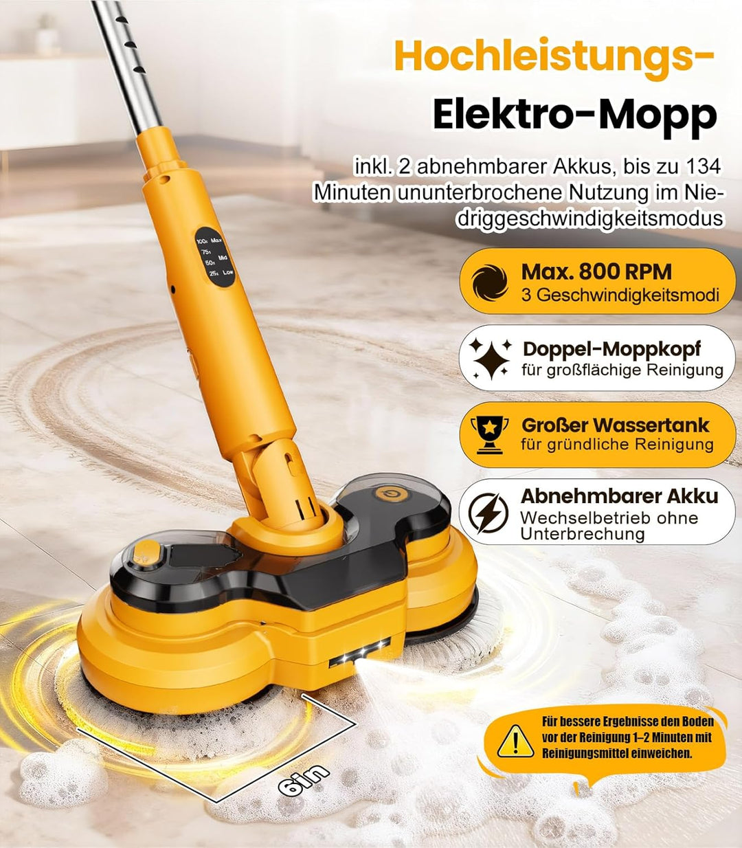 Qimedo Elektrischer Wischmopp 5000mAh, 800 U/min Kabellos Bodenwischer Elektrisch Mopp Rotierender A