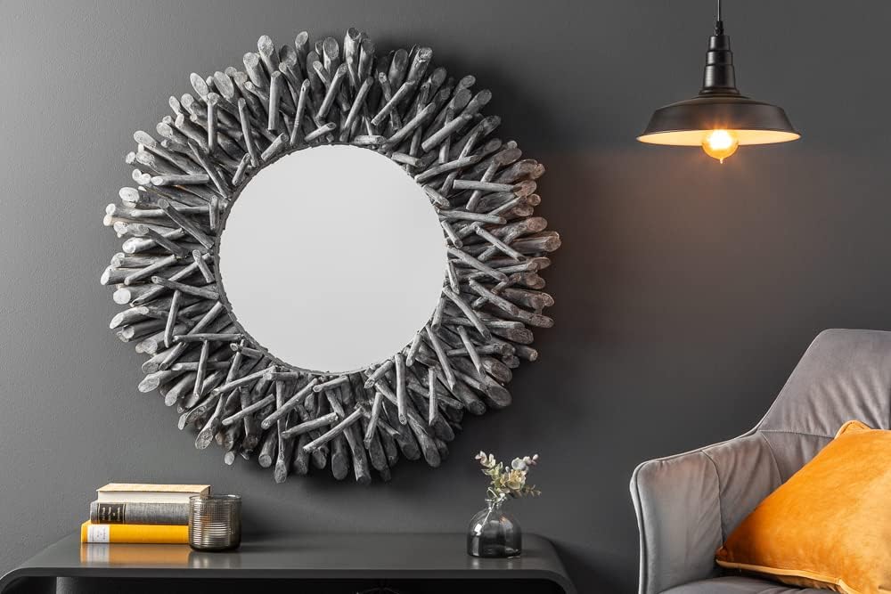 Invicta Interior Aussergewöhnlicher Teakholz Spiegel Riverside 80cm grau Treibholz Wandspiegel Rahme