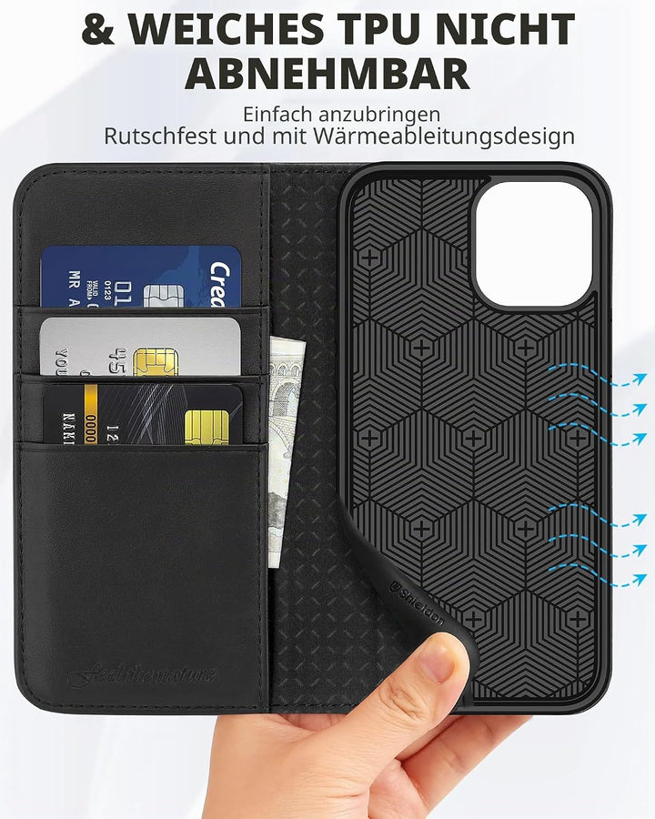 SHIELDON iPhone 12 Hülle, iPhone 12 Pro Handyhülle [Echtleder] [RFID-Sperre] [Kartenfach] [Magnet] [
