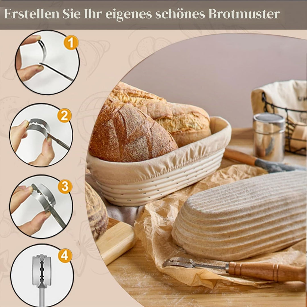 Gärkorb Oval 25cm, Banneton Set, Gärkörbchen Set 1kg Teig, Brot Backen Fasst für Brot, Bürste, Bread
