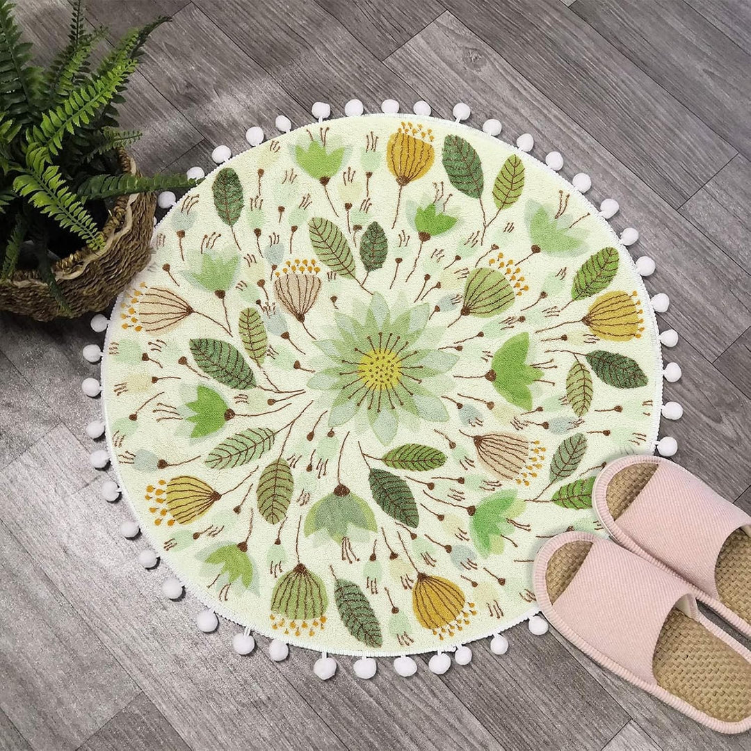 Uphome Kleiner runder Teppich, 60 cm Kreis, niedliche Badematte mit Pompons, Fransen, Blumenpflanze,