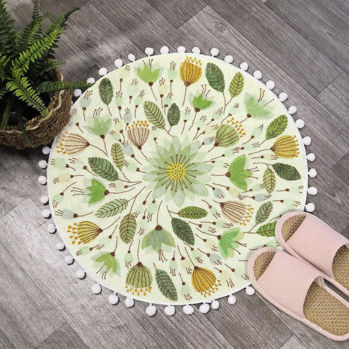 Uphome Kleiner runder Teppich, 60 cm Kreis, niedliche Badematte mit Pompons, Fransen, Blumenpflanze,