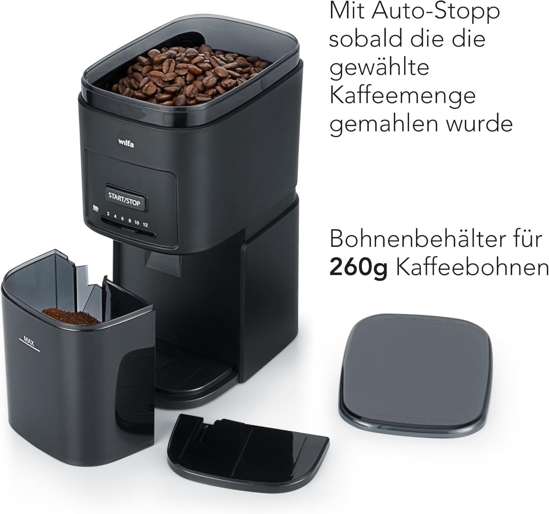 Wilfa DAILY Elektrische Kaffeemühle I Flachscheiben-Mahlwerk aus Edelstahl I 260g Bohnenbehälter I M