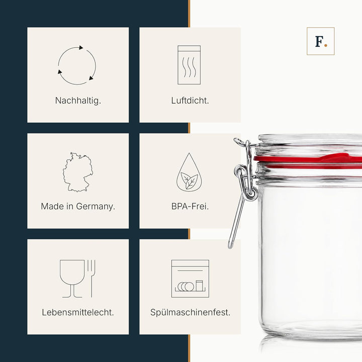 Flaschenbauer - 12er Set Drahtbügelgläser 530ml - Vorratsglas mit Dichtungsringen inkl. Etiketten, E