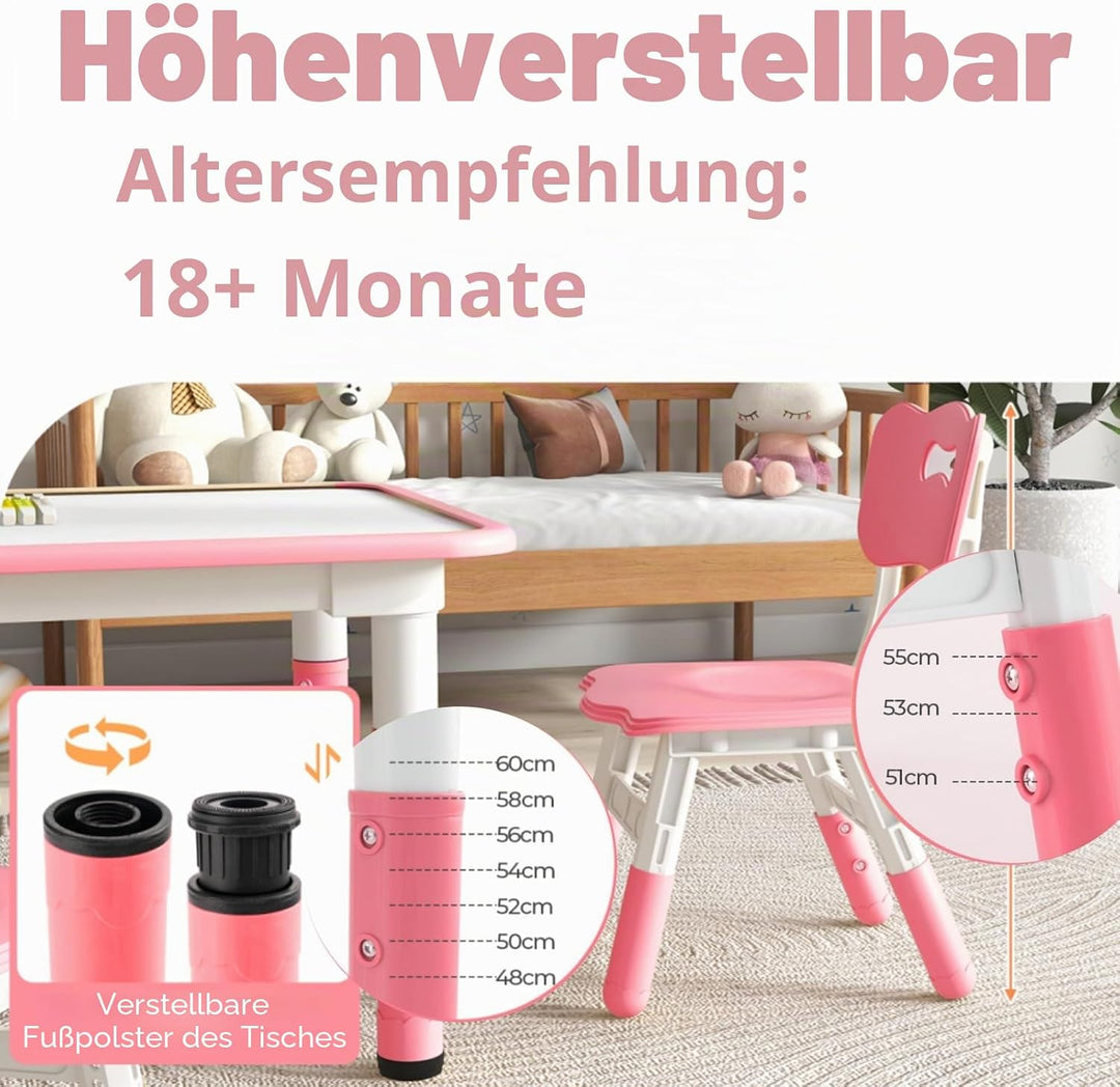 LIFEZEAL Kindertisch mit 4 Stühlen, Höhenverstellbare Kindertischgruppe, Plastik Kindermöbel für Kin