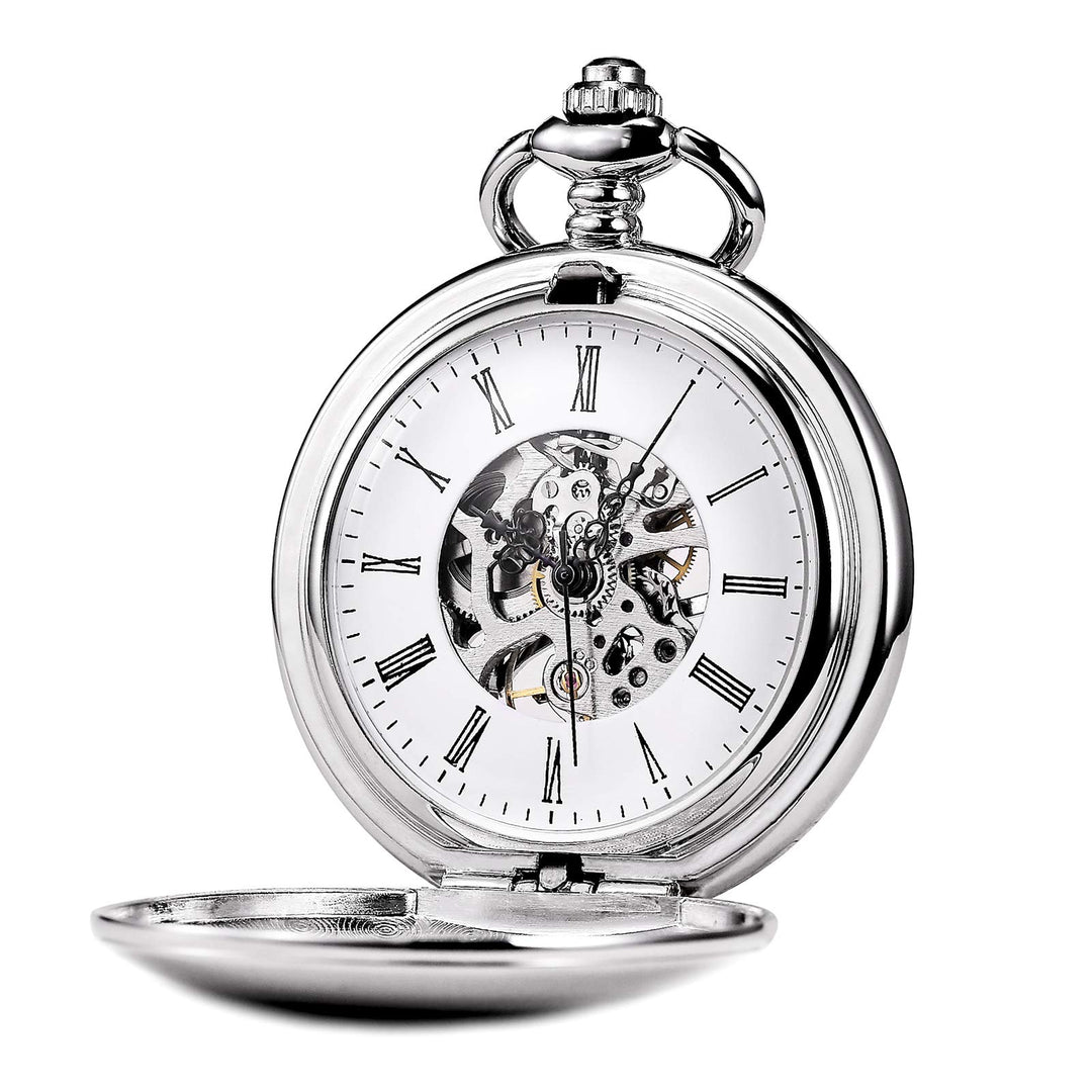 TREEWETO Unisex Taschenuhr mit Kette Analog Handaufzug Retro Skelett Hochglanz Poliert Silber
