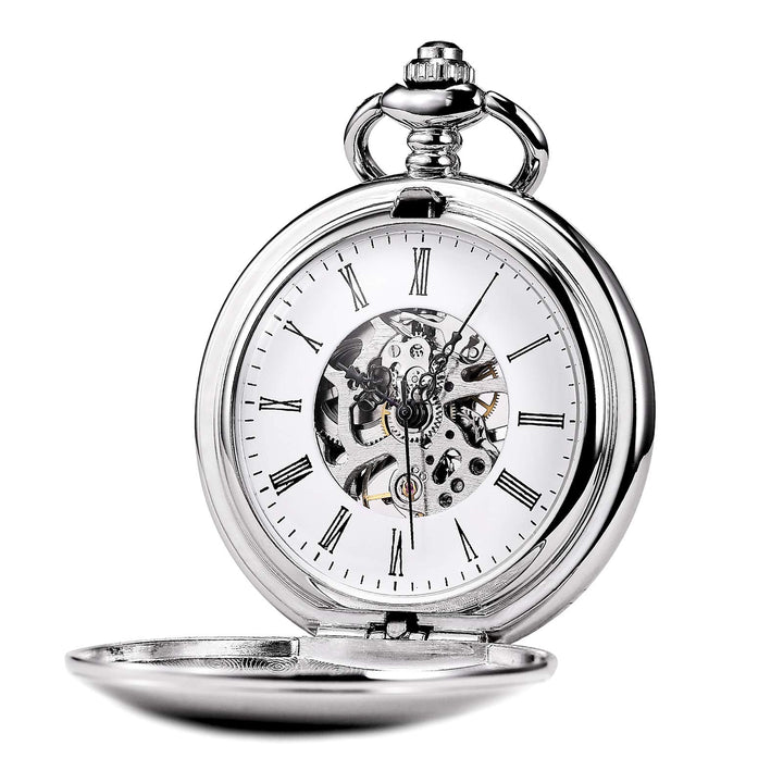 TREEWETO Unisex Taschenuhr mit Kette Analog Handaufzug Retro Skelett Hochglanz Poliert Silber
