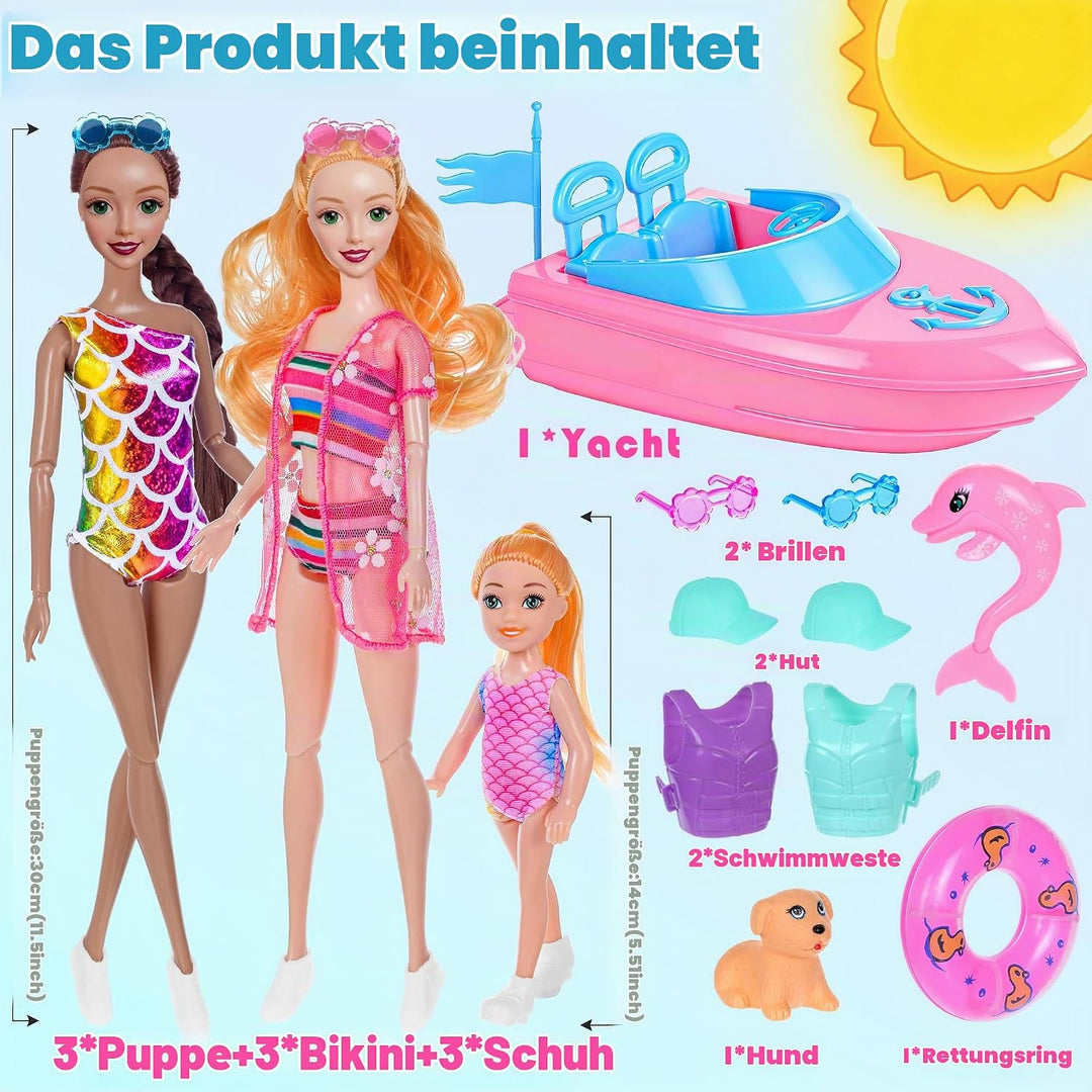 11,5-Zoll-Puppe und Boot-Spielset - Schwimmbadspielzeug mit Badekleidung, Schwimmwesten, Zubehör, 5,