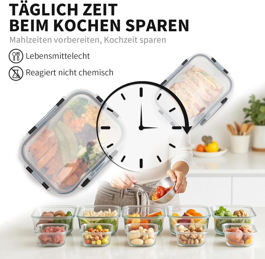 Glas-Frischhaltedosen Set, 10 St, meal prep boxen,glasbehälter mit deckel,Spülmaschinenfest, Mikrowe