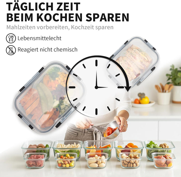 Glas-Frischhaltedosen Set, 10 St, meal prep boxen,glasbehälter mit deckel,Spülmaschinenfest, Mikrowe