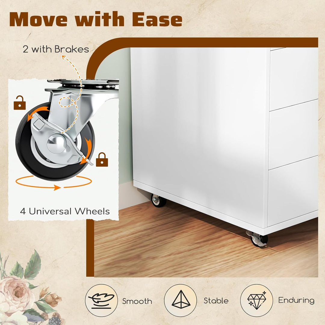 GIANTEX Rollcontainer mit 5 Schubladen, Aktenschrank mit Rollen, Schubladenschrank Holz, Druckertisc