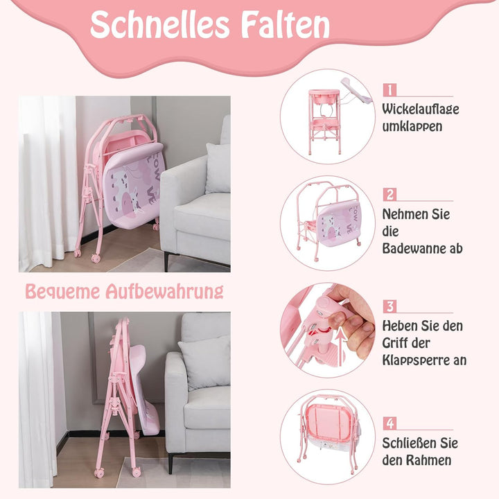 DREAMADE 2 in 1 Wickeltisch & Badewanne mit Gestell, Wickeltisch Klappbar, Wickelkommode auf Rollen