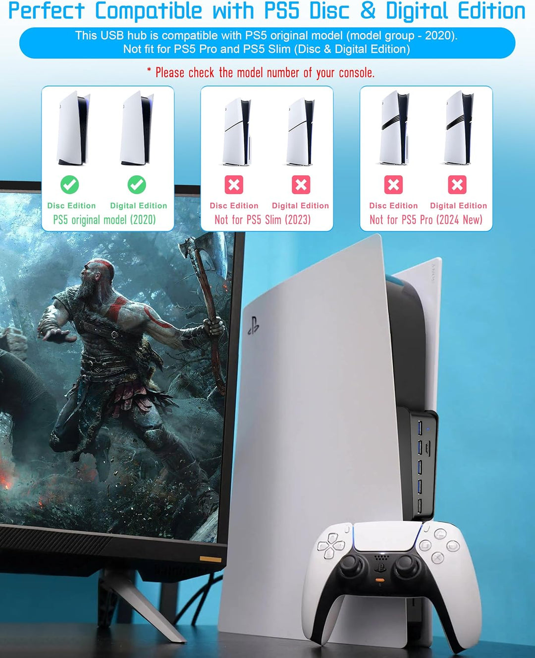 5-Port USB Hub für PS5 Konsole, Arvin USB 3.1 Schnelle Geschwindigkeit Laden Ladeadapter mit 4 USB-2