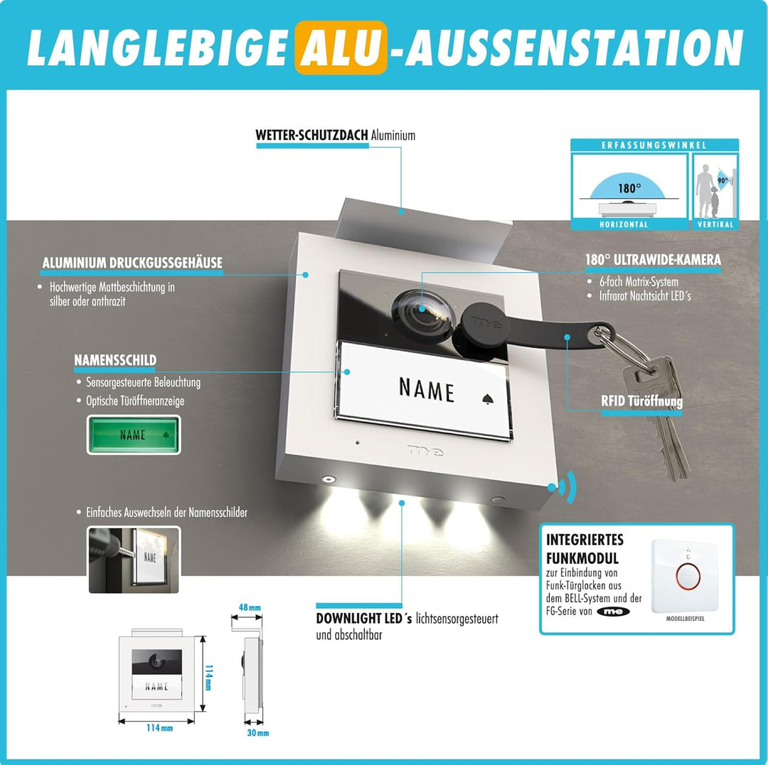m-e iP Video-Türsprechanlage RFID weiss/schwarz | Aluminium Aussenstation für 1-Familienhaus | 7“ In