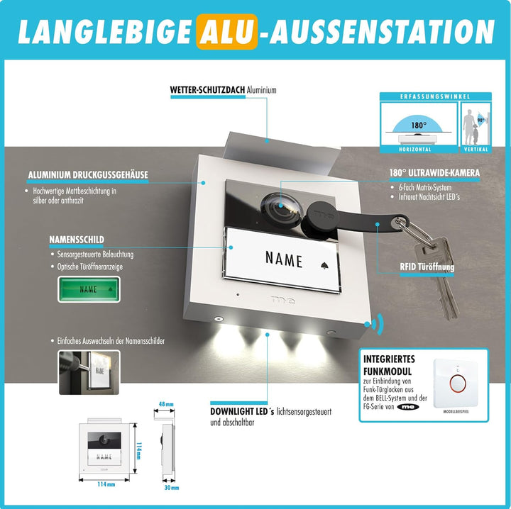 m-e iP Video-Türsprechanlage RFID weiss/schwarz | Aluminium Aussenstation für 1-Familienhaus | 7“ In