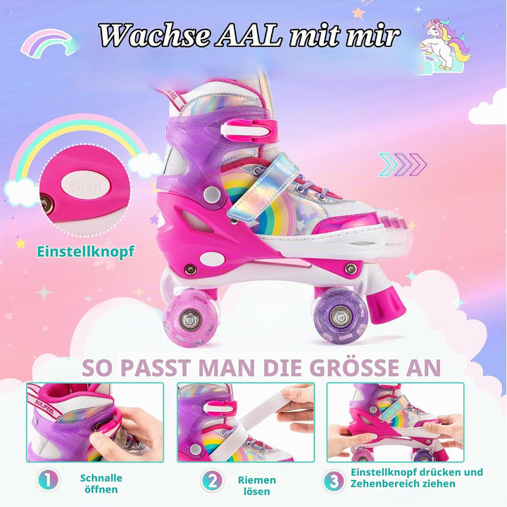 SULIFEEL Rainbow Unicorn Verstellbare Rollschuhe für Kinder mit Leuchtenden Rädern für Mädchen und J