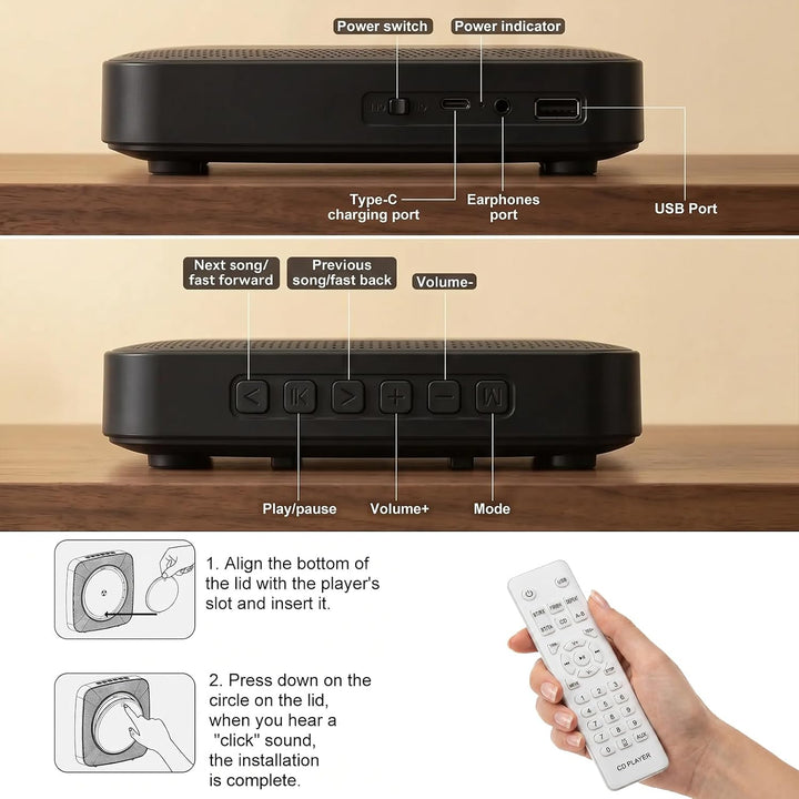 Gueray Desktop CD Player Bluetooth CD-Spieler mit Lautsprechern für Zuhause 1800mAh Tragbarer CD-Pla