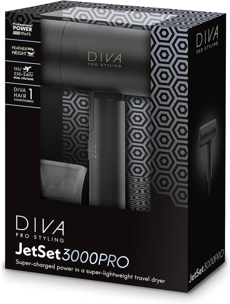 Diva Pro Styling Jet Set 3000 Pro Superkompakter, Leichter Reise-Haartrockner Schwarz